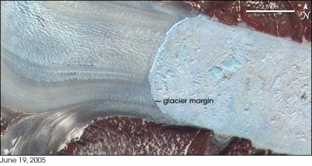 这款卫星图像显示格陵兰岛的赫尔海姆冰川，在那里遇到大海。冰川在左边。大型和小型冰山包装在右侧的图像中的狭窄峡湾。裸露的地面看起来棕色或棕褐色，而植被出现在红色的色调中。美国宇航局的Terra Satellite上的高级星载热排放和反射辐射计（Aster）于2005年6月拍摄了图像