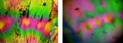 这些是通过偏振光滤光器拍摄的糖晶体的图像。左：传统显微镜。右：手机显微镜