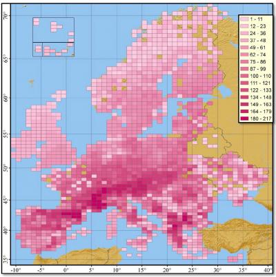 这幅重合图显示了所有欧洲蝴蝶种类(多样性)的分布和集中