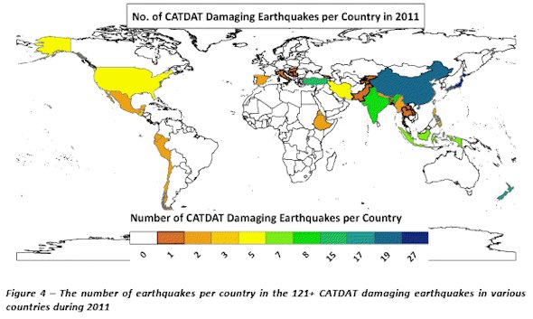 2011年各国133+ CATDAT破坏性地震中每个国家的地震数