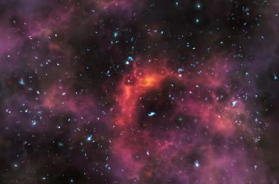 这幅艺术家的印象展示了宇宙大爆炸后不到10亿年的星系，当时宇宙仍部分充满吸收紫外线的氢雾。通过研究迄今为止发现的最遥远星系发出的光，ESO超大望远镜的新观测正在探索早期宇宙的这个重要阶段