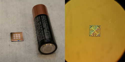 左：左九个白圆内的每个暗斑是一个微小的燃料电池。AA电池显示为尺寸比较。（照片由Caroline Perry，Seas Communications。）右：九个圆圈中的一个在该图像中放大，显示电化学膜的皱纹表面