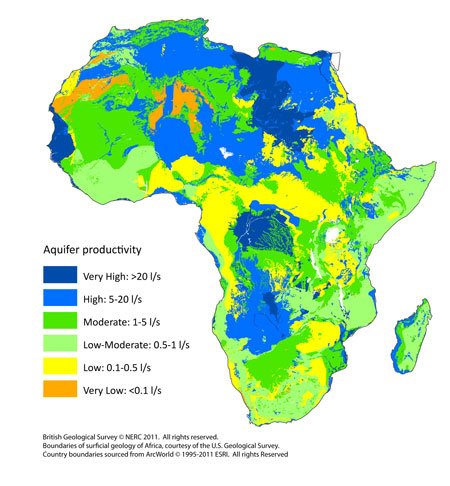 非洲的含水层生产力显示了使用适当技术和专门知识钻探和选址的钻孔的可能四分之一范围