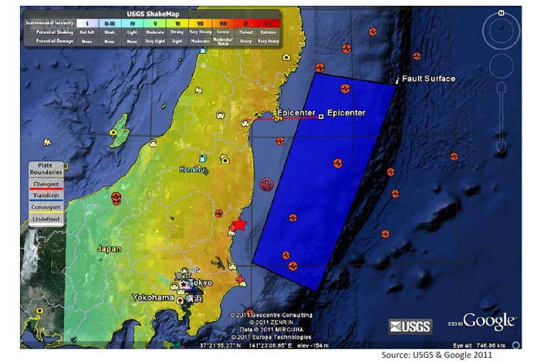 美国地质勘探局绘制日本地震地图