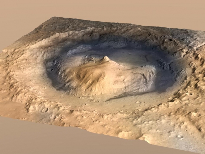 图像结合了来自欧洲航天局火星快车轨道飞行器上的高分辨率立体相机的海拔数据，来自美国宇航局火星侦察轨道飞行器上的背景相机的图像数据，以及来自维京轨道飞行器图像的颜色信息。