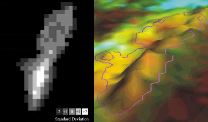 左图:一幅以陆地卫星为基础的像素地图，显示了1984年至1996年间在卡里福特礁上探测到的变化最大的地方。右图:山脊显示了发生变化最多的地方，对于Carysfort来说，这种变化与珊瑚的下降有关