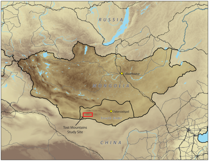 托斯特山脉位于蒙古南部，靠近中国边境